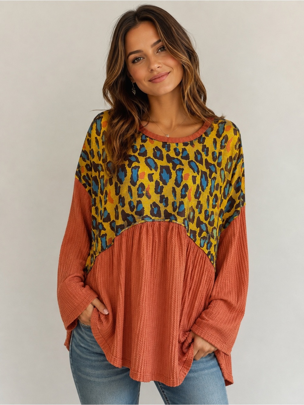 NWT Umgee Leopard Print Waffle Knit Babydoll Tunic Top Oversized  #1058